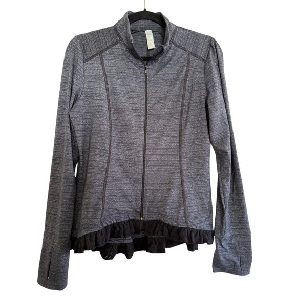 Pure Good Gray and Black Ruffle Trimmed Zip Up Jacket with Thumb Holes - Large - Picture 1 of 4